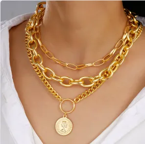 3 Layer Gold Tone Chain Necklace Set for Women, Alloy 18K Gold Plated, Vintage Coin Relief Pendant with OT Clasp, Statement Layered Necklace (43+7cm / 58+7cm)