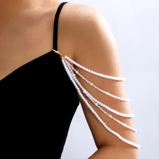 5-Strand Pearl Shoulder Chain for Women, Luxury Tassel Arm Chain with Gold-Plated Alloy Clasp, White Pearl Bead Body Jewelry for Dress, Wedding & Beach, 34cm