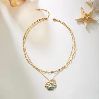 Ocean Breeze Double Layer Necklace - Enamel Conch Shell Pendant, 18K Gold Plated Stainless Steel Adjustable Choker, Summer Beach Jewelry for Women