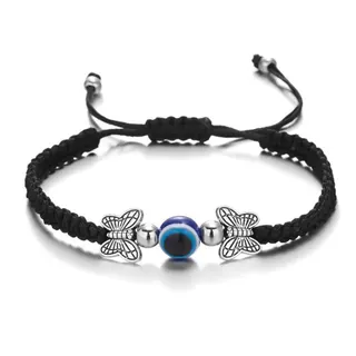 Butterfly Evil Eye Red String Bracelet, Adjustable 16-28cm Woven Cord with Blue Demon Eye Glass Bead & Alloy Butterfly Charm, Lucky Protection Hand Rope for Women