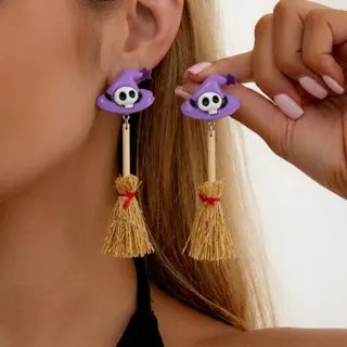 Halloween Witch Hat Broom Earrings Resin Dangle Earrings Purple Skull Pumpkin Party Cosplay Jewelry 9cm Pair
