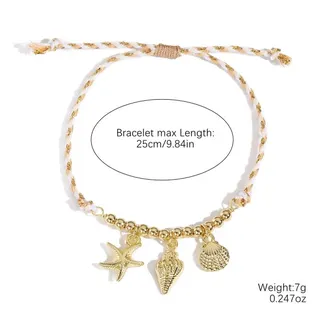 Summer Ocean Style Braided Bracelet with Shell Starfish Conch Charms, Adjustable Rope Wristband, Lightweight 7g Beach Vacation Jewelry for Women