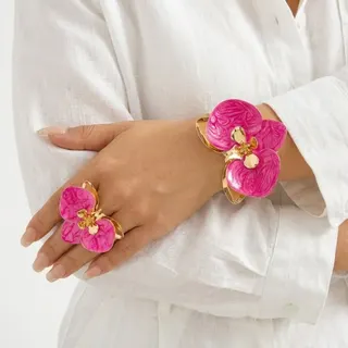 Statement Flower Bracelet & Ring Set, White Enamel Petal with 18K Gold Plated Frame, French Vintage Wide Cuff Bangle + Floral Ring, Elegant Fashion Jewelry Gift Set