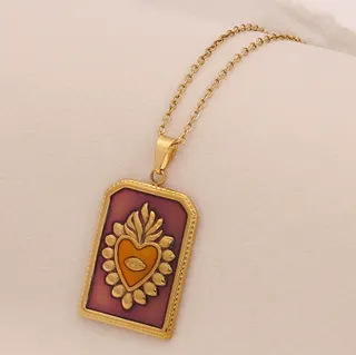 Vintage Tarot Card Pendant Necklace for Women, Stainless Steel 18K Gold Plated, Red Pink Enamel Eye Heart Charm, Bohemian Long Chain 40+5cm