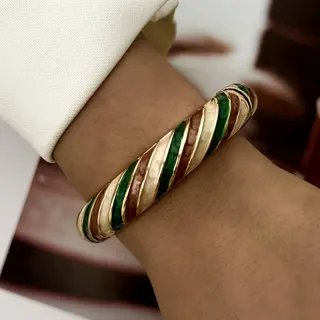 Vintage Enamel Bangle Bracelet - Brown Green Color Block Wide Cuff, 18K Gold Plated Alloy, French Retro Stackable Wristband, 6cm/2.36inch