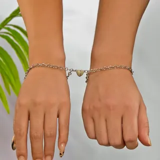 Star & Moon Couple Bracelet - Heart Charm Alloy Bracelet 18cm Silver Plated, Pair Set for Lovers & Best Friends, Elegant Gift Jewelry