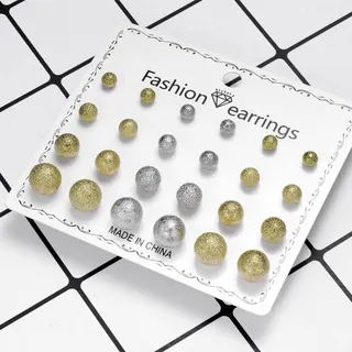 12 Pairs Round Ball Stud Earrings Set, Alloy Frosted Glitter Plated, White Gold & Gold Mix, 5-10mm Multi-Size, Card Pack, Minimalist Everyday Earrings for Women