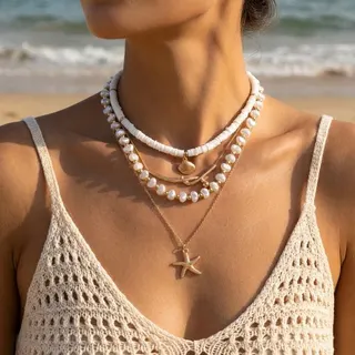 Boho Beach Layered Necklace Set - 4 Piece Pearl Shell Starfish Pendant, Alloy + Faux Pearl + Polymer Clay, 37+5cm Adjustable, Summer Vacation Jewelry