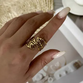 Stainless Steel Open Ring with Hollow Leaf Design, Minimalist Gold Band...