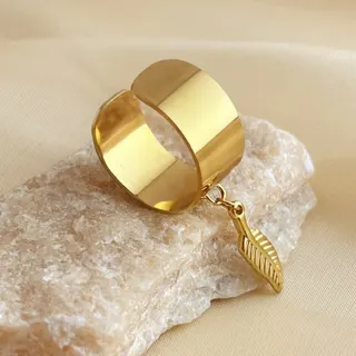 Gold Stainless Steel Adjustable Ring, Wide Open Band with Feather/Star Charm Dangle, Hypoallergenic 18K Gold Plated Stackable Ring for Women