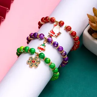 Christmas Beaded Bracelet Set of 3 - Santa, Gift Box & Reindeer Charms, Alloy + Acrylic Enamel Cartoon Elastic Wristband 18cm, Holiday Gift for Women Girls