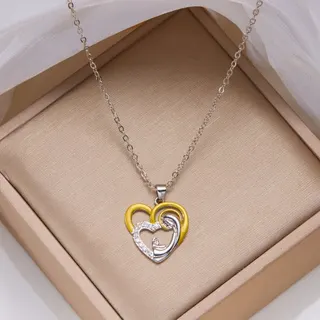 Mother's Day Gift Two-Tone Heart Necklace with Rhinestones, 18K Gold & Silver Plated Alloy Pendant Chain, Adjustable 40+5cm Clavicle Chain for Women