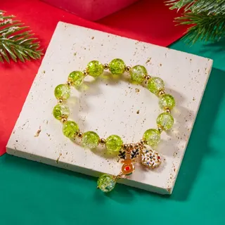 Christmas Crystal Bracelet - Red & Green Splashed Crystal Beads with Santa Claus Charm, 19cm Holiday Gift Jewelry