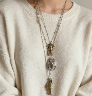Vintage Boho Long Necklace, Alloy Bee Scarab & Fish Bone Pendant, Layered Statement Chain 64-86cm, Women's Retro Jewelry