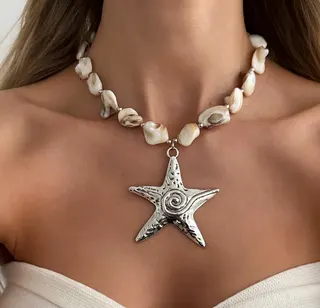 Ocean Starfish Pendant Necklace for Women, White K Zinc Alloy Shell Beaded Choker, Boho Vacation Adjustable Long Necklace 40+5cm