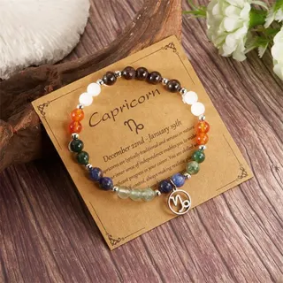 Pisces Zodiac Bracelet for Women - Natural Stone & Glass Beads, Pink White Green Macaron Color, Silver Pisces Symbol Charm, ~18cm Stretchy Beaded Bracelet, Gift for Her