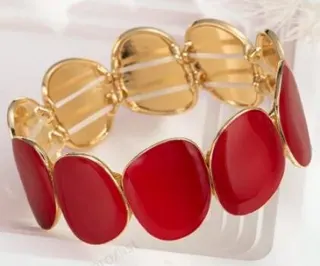 Geometric Candy-Color Oval Enamel Wide Cuff Bracelet, Red 18K Gold Plated Zinc Alloy, Retro Luxe Statement Bangle for Women