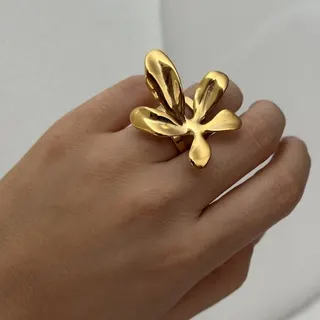 Flower Pearl Ring for Women, Stainless Steel Two-Tone Gold Silver Wide Open Band, French Vintage Polished Petal with Pearl Center, 1.8cm