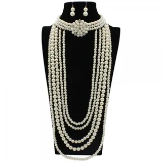 Pearl Flower Long Layered Necklace with Rhinestone Centerpiece - Cream Imitation Pearl Sweater Chain & Earring Set, Vintage Elegant Jewelry for Women