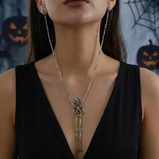 Halloween Skull Necklace & Tassel Earrings Set for Women, Gothic Punk Alloy Silver-Plated Long Chain Pendant, Party Cosplay Costume Jewelry