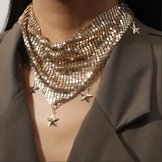Vintage Star Triangle Scarf Necklace, Gold Alloy Sequin Layered Choker with 5-Point Star Pendant, Bohemian Statement Collar Necklace 12.5cm