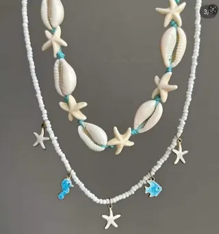 Ocean Style Starfish Shell Necklace Set of 2, White Beaded Strand with Blue Seahorse & Fish Charms, Hypoallergenic Stainless Steel, Boho Beach Vacation Jewelry for Women