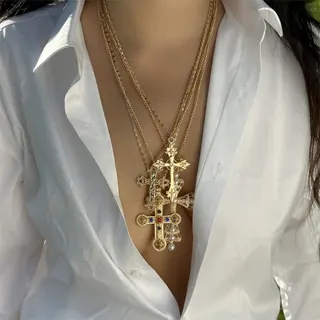 Exaggerated Rhinestone Cross Necklace Set of 4, Alloy 18K Gold Plated Religious Pendant, Multi-Size 59+5cm, Gold, European Luxury Style