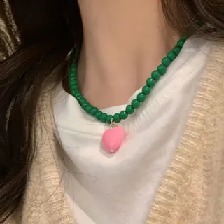 Green Beaded Heart Pendant Necklace - Alloy Candy-Color Sweet Girl Choker with Pink Heart Charm, Handmade Beaded Chain for Women