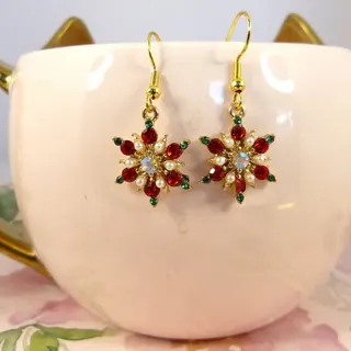 Christmas Snowflake Crystal Pearl Drop Earrings - 18K Gold Plated Alloy, Red Rhinestone & Iridescent Center Stone, Festive Statement Jewelry