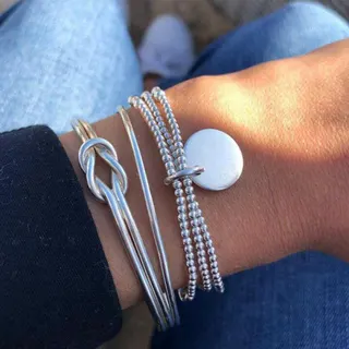Silver Knot Open Cuff Bracelet Set with Multi-Strand Beaded Chain & Round Disc Pendant, Minimalist Alloy Jewelry, 6.5cm Adjustable, Stackable Gift for Women
