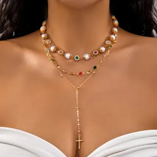 Personalized Color Zircon Cross Necklace for Women, Multi-Layer Long Chain with Pearl & Rhinestone Inlay, 18K Gold Plated Alloy, Dangling Cross Pendant, 36+5cm