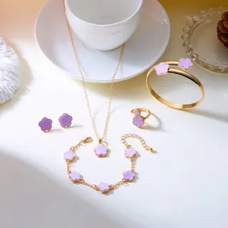 Lucky Clover Jewelry Set for Women - Brown Resin Flower Necklace Bracelet Ring Earrings Bangle 5-Piece Set, 18K Gold Plated Alloy, Elegant Gift