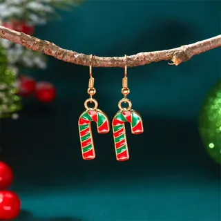Christmas Candy Cane Earrings Red White Striped Enamel Alloy Dangle Earrings 18K Gold Plated Holiday Sweet Drop Earrings for Women