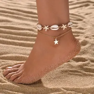 Boho Cowrie Shell & Starfish Anklet, Adjustable Gold Chain Beach Foot Chain, Natural Seashell Strand Bracelet for Women, Summer Vacation Bridesmaid Jewelry