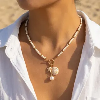 Boho Beach Necklace Colorful Turquoise Bead Chain with Starfish Shell Pearl Charm OT Clasp 48cm Summer Vacation Jewelry