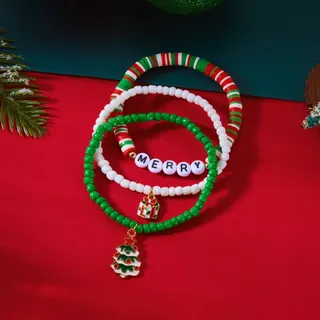Christmas Beaded Bracelet Set of 3 - Red Green White Seed Bead Bracelets with MERRY Letter & Christmas Tree Gift Charm, Alloy Plated, Holiday Gift Jewelry 18cm
