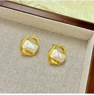 Geometric Baroque Pearl Hoop Earrings - Gold Plated Alloy with Irregular Faux Pearl, French Vintage Minimalist Stud Earrings for Women