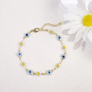 Evil Eye Daisy Flower Enamel Bracelet Women Rose Gold Copper Alloy Blue Eye Charm Beaded Adjustable Chain Boho Vintage Jewelry