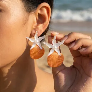 Blue Starfish Shell Pearl Earrings - Alloy Vacuum Plated, Ocean Vacation Dangle Earrings, Beach Photo Accessory, Approx 5cm, Pair