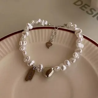 Lucky Heart Baroque Pearl Bracelet - French Vintage Baroque Pearl Beads with Silver Heart Charm & Engraved Tag, Adjustable 17.5+6cm, Women's Jewelry Gift