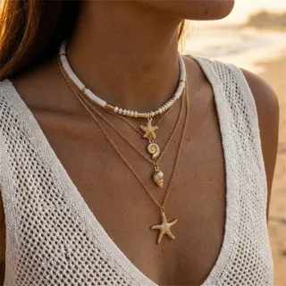 4-Piece Layered Necklace Set, Gold 18K Plated Starfish Shell & Conch Pendant, White Clay Bead Choker, Boho Beach Vacation Jewelry for Women