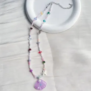 Shell Beaded Necklace - Macaron Ocean Style Starfish & Shell Pendant Choker, Resin + Seed Beads, 45+5cm Adjustable, Sweet Summer Jewelry for Women