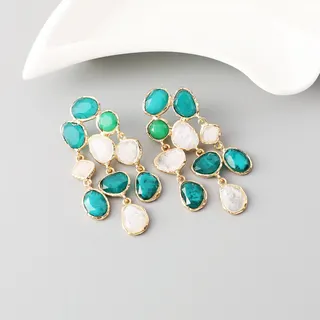 Turquoise & White Irregular Stone Cluster Drop Earrings, 18K Gold Plated Alloy, Boho Statement Dangle Earrings for Women