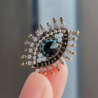 Vintage Evil Eye Brooch, Black Enamel Sunburst Rhinestone Pin, Alloy Hand-Set Crystal Bohemiate Lapel Brooch for Blazer Sweater Hat, 2.5x2cm