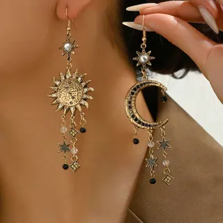 Vintage Sun Moon Star Asymmetric Dangle Earrings, Gold Alloy Rhinestone Tassel Drop Earrings, Bohemian Long Hoop Earrings for Women, 9cm