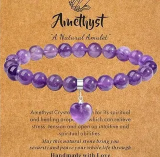 Natural Amethyst Crystal Bracelet for Women, Stretch Bead Strand with Heart Charm, Adjustable 15cm, Healing Energy Jewelry