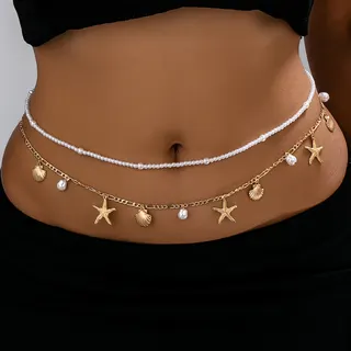 Ocean Shell Starfish Waist Chain, Pearl White Alloy Beach Body Chain, French Vintage Vacation Jewelry for Women