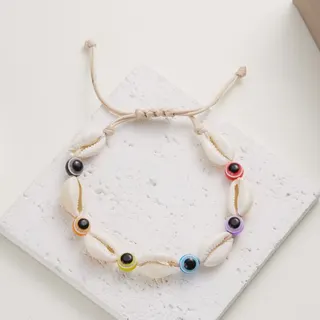 Boho Shell Bracelet with Evil Eye Beads, Handmade Braided Adjustable Wristband 16-36cm, Ocean Beach Style Jewelry for Women