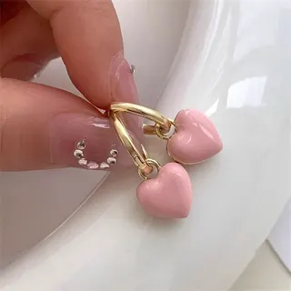 Vintage Sweet Heart Shape Earrings, Pink Enamel Love Heart Dangle Earrings for Women, 18K Gold Plated Alloy Cute Stud Earrings Pair