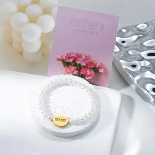 Mother's Day MAMA Pearl Bracelet - White Resin Letter Beads with Gold CCB Spacers & Heart Charms, 18cm, Gift for Mom